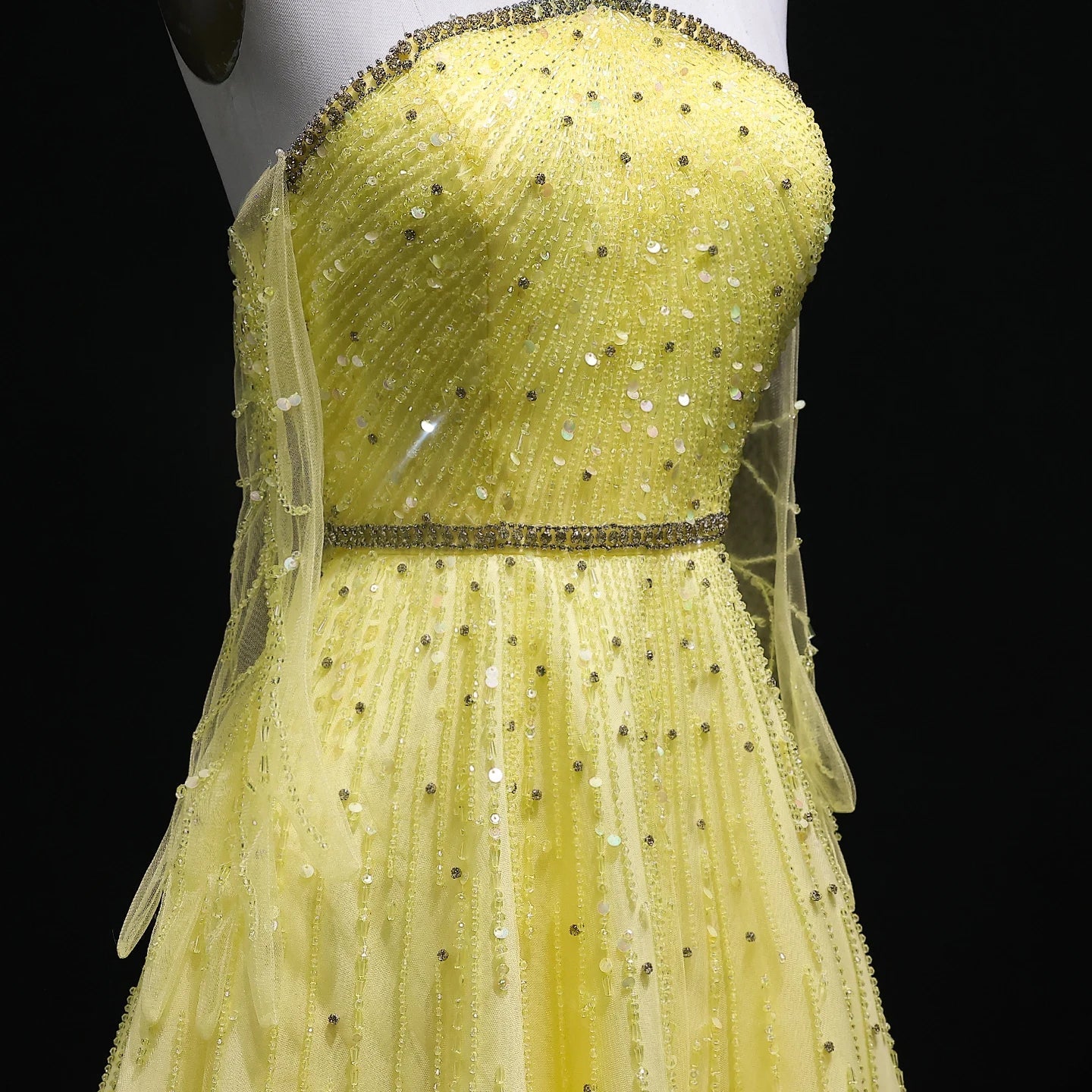 Beaded Yellow Halter Evening Dress with Gloves