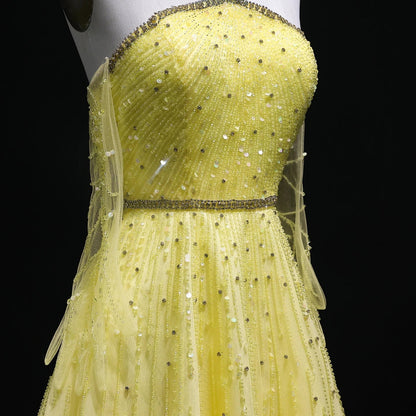 Beaded Yellow Halter Evening Dress with Gloves