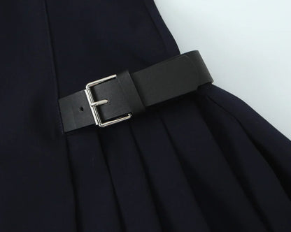 Solid Sleeveless Back Zipper Belt Pleated Dress