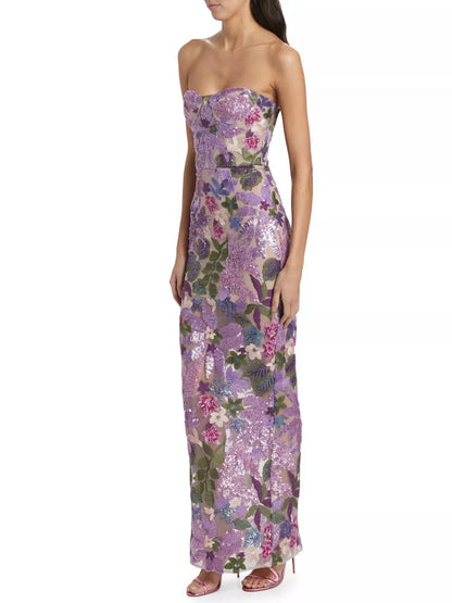 Floral-Embellished Sequin Lavender Ankle Length Dress