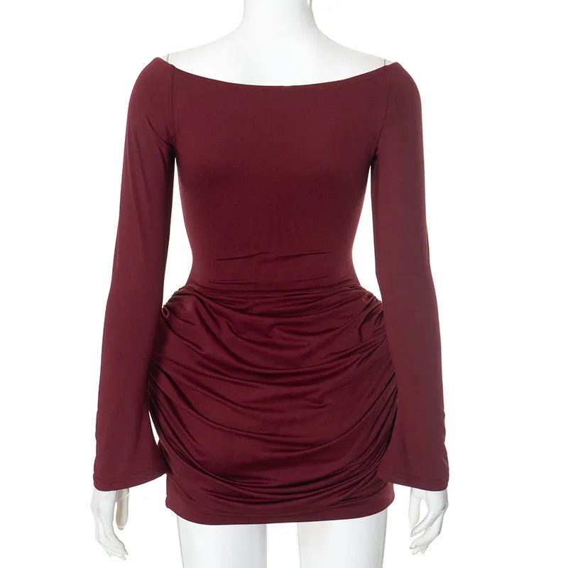 Pleated Off-Shoulder Long Sleeve Mini Dress