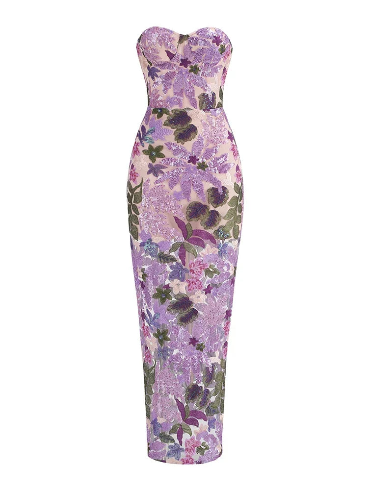 Floral-Embellished Sequin Lavender Ankle Length Dress