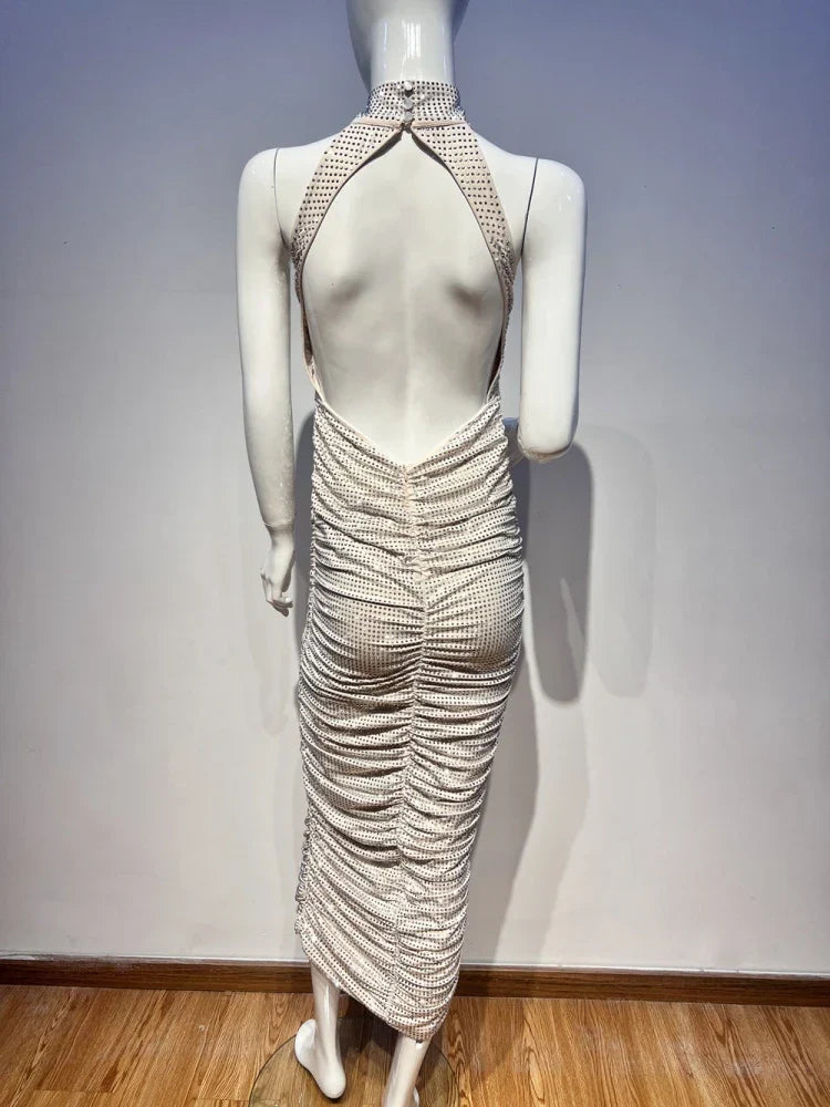 Halter Neck Backless Crystal Folds Long Dress