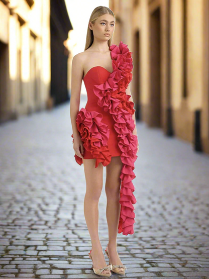 Solid Ruffles One Shoulder Strips Prom Mini Dress