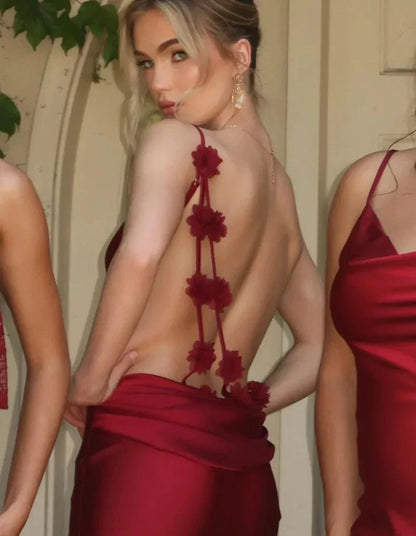 3D Flower Draped Open Back Maxi Dress