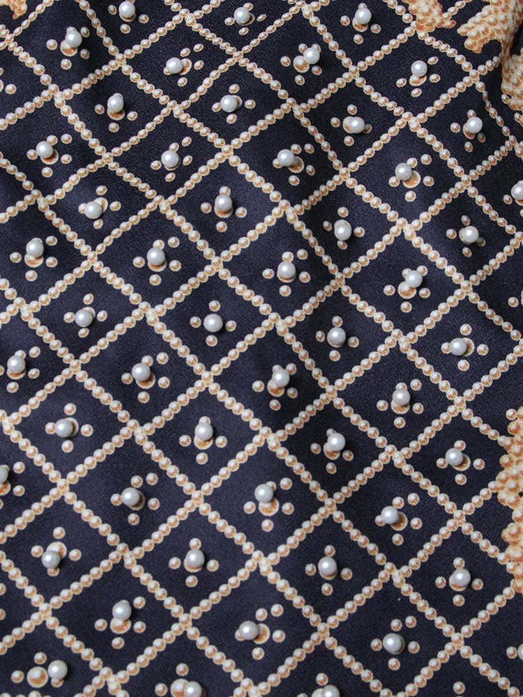 Printed Diagonal Neck Off One-Shoulder Patchwork Bead Dress