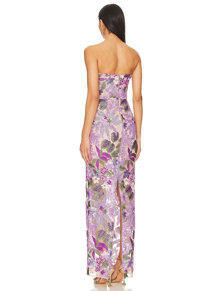 Floral-Embellished Sequin Lavender Ankle Length Dress