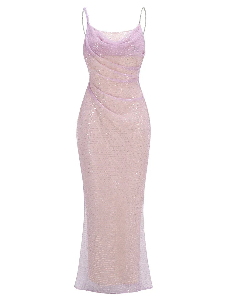 Chain Spaghetti Straps Sequins Maxi Dress