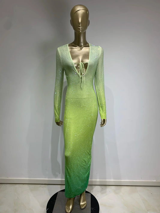 Green Gradient Midi Dress Shimmering Rhinestones & Bold Style