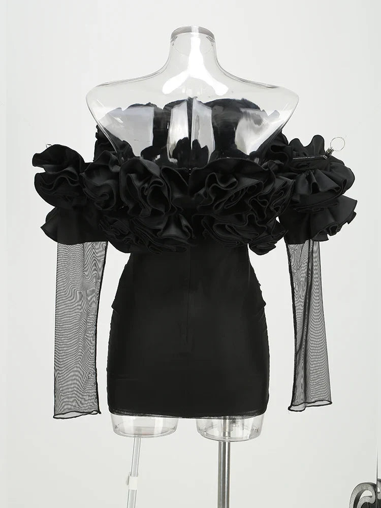 Black Mesh Full Sleeve Ruffles Mini Dress