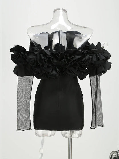 Black Mesh Full Sleeve Ruffles Mini Dress