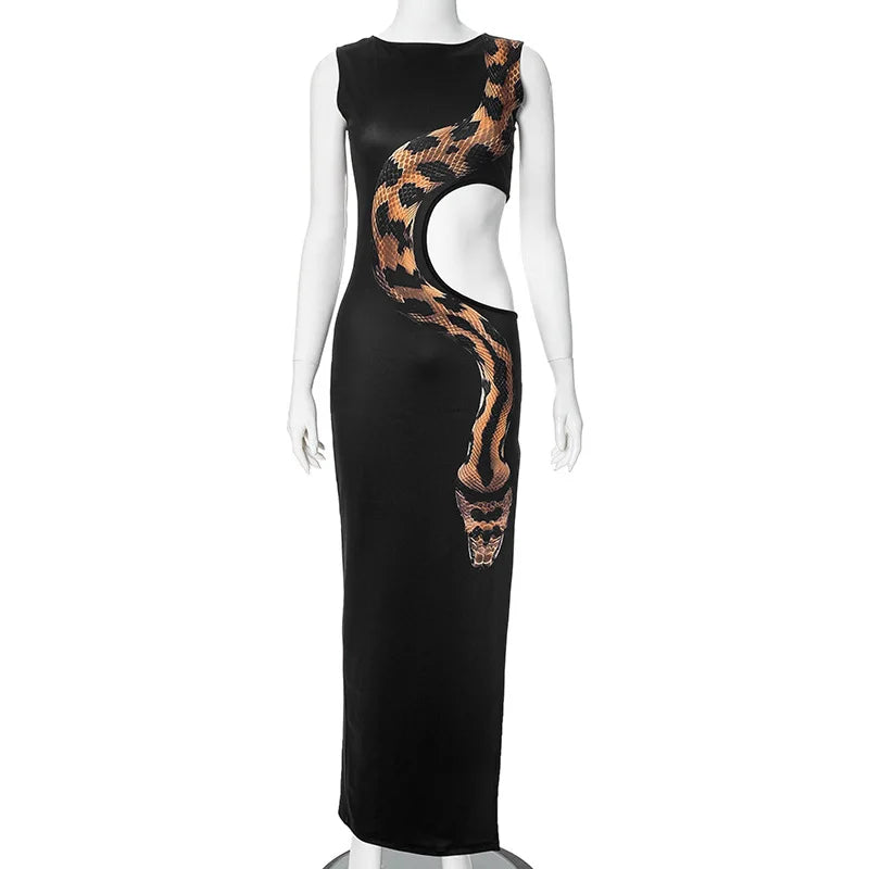 High Slit Hollow Out Snake Print Maxi Dress