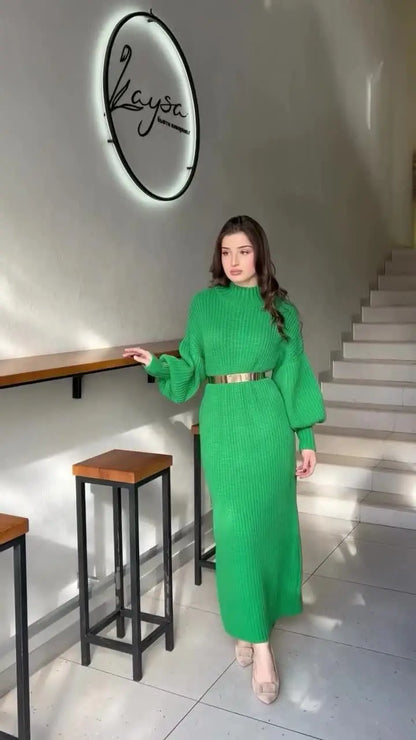 Turtleneck Pullover Solid Sweater Dress With Belt