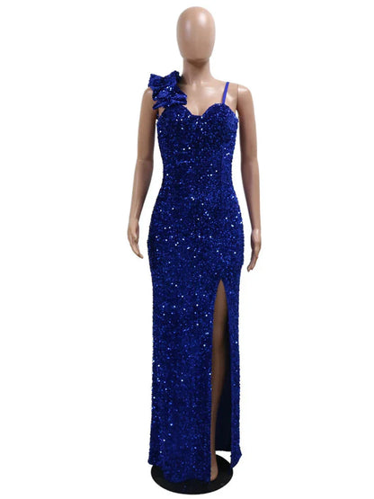 Slit Padded Sequin Strap Long Dress