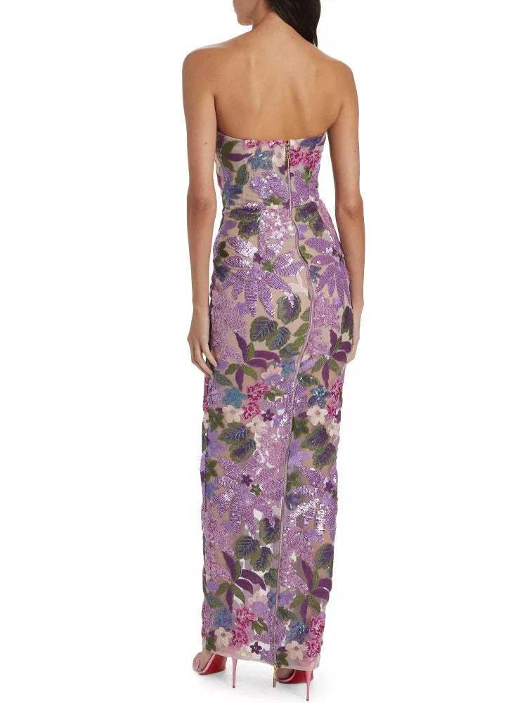 Sequin Floral-Embellished Lavender Strapless Dress
