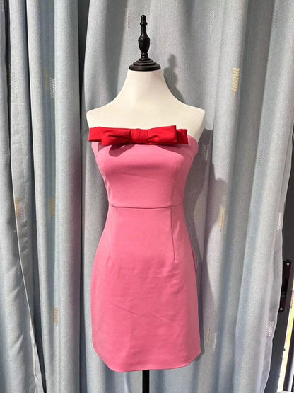 Off Shoulder Bow Design Pink Mini Dress