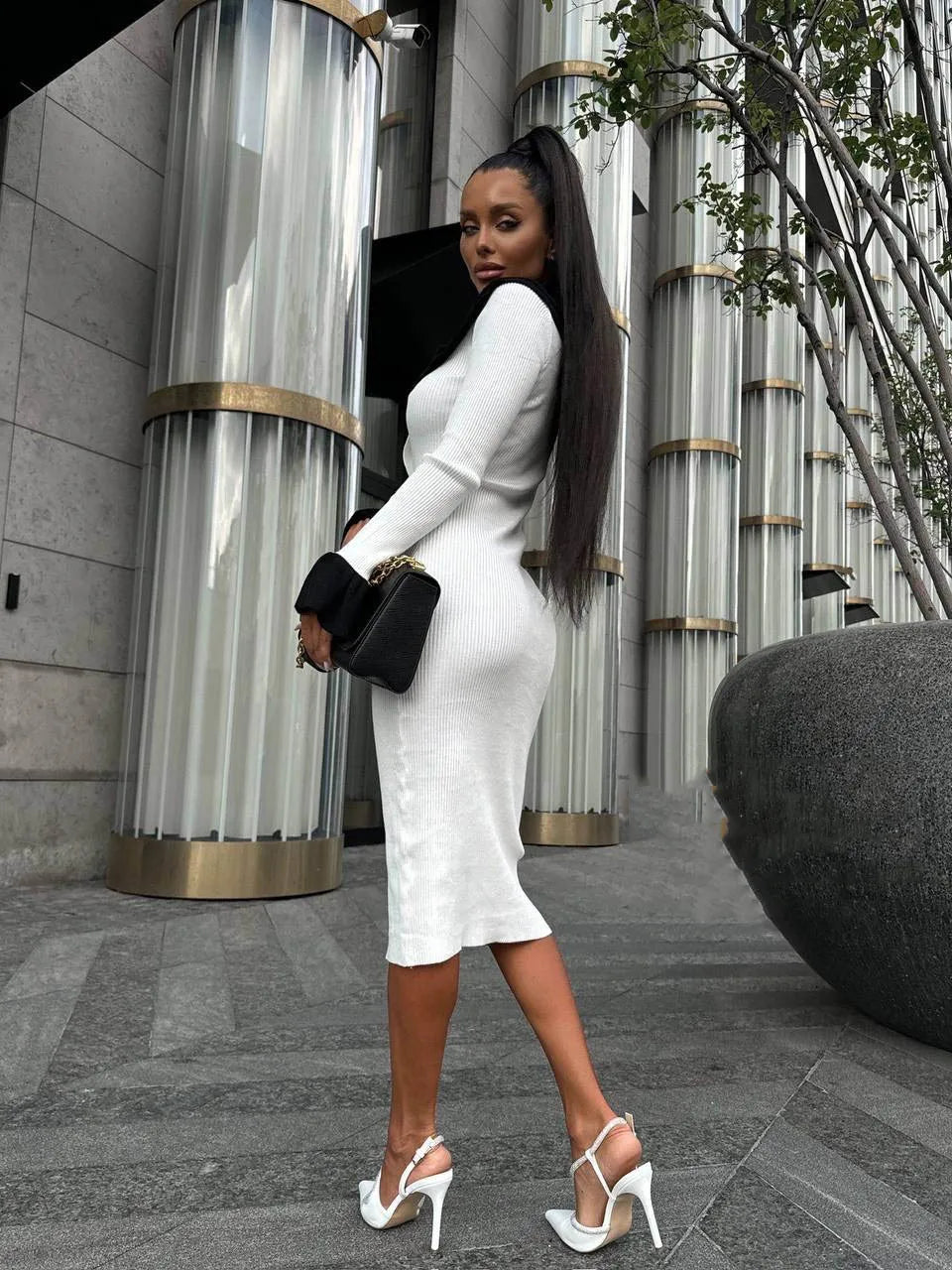 Patchwork Contrast Ribbed Midi Dress