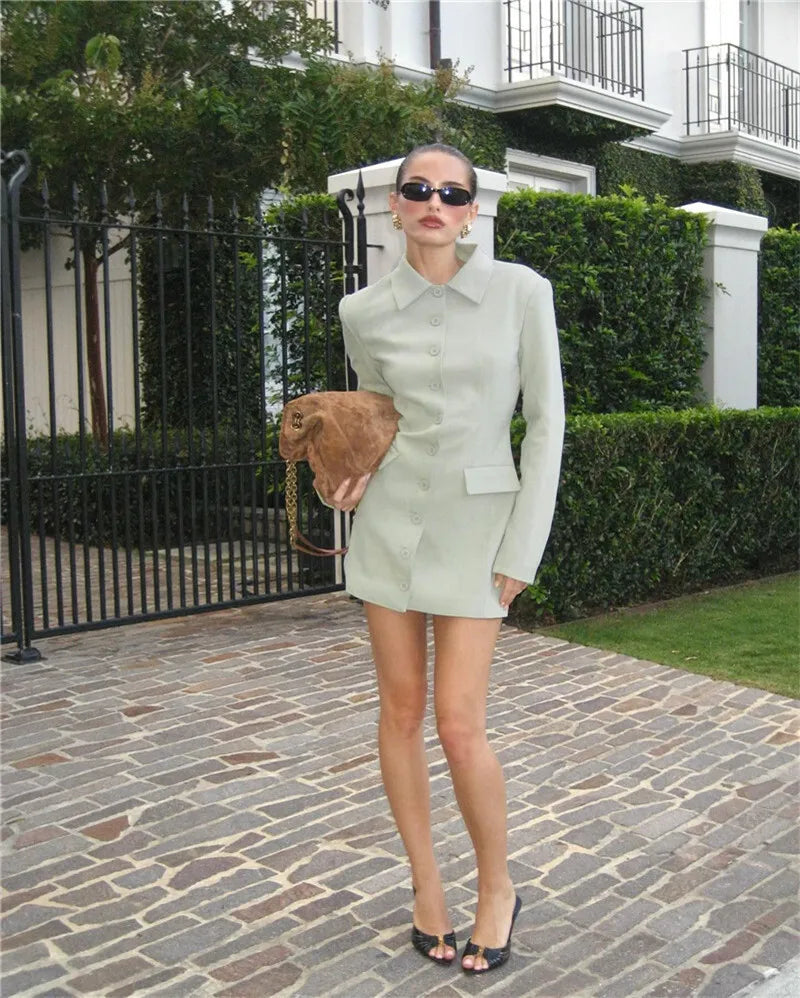 Long Sleeve Lapel Two Pocket Office Lady Blazer Dress