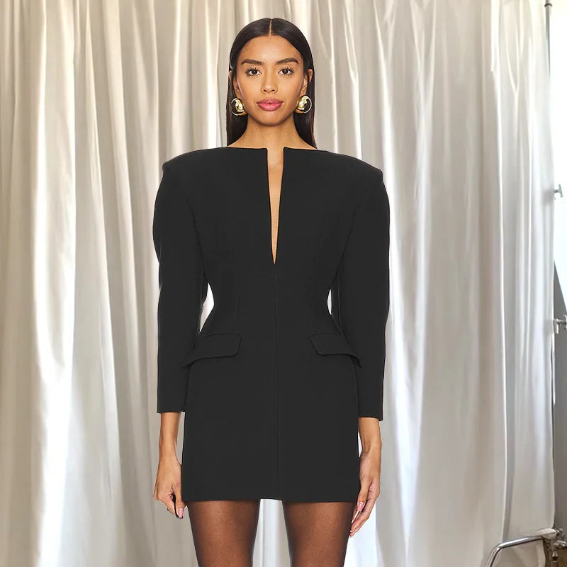 Black Solid Long Sleeve Blazer Dress
