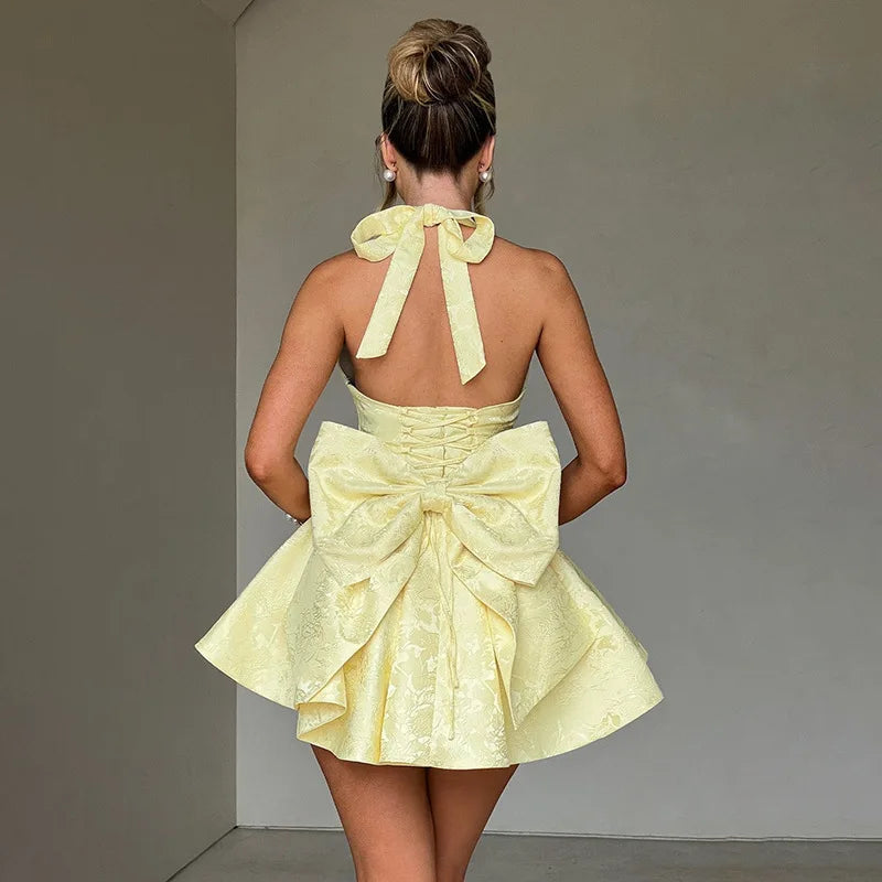 Women's Bow Deep V Halter Backless A-line Dress