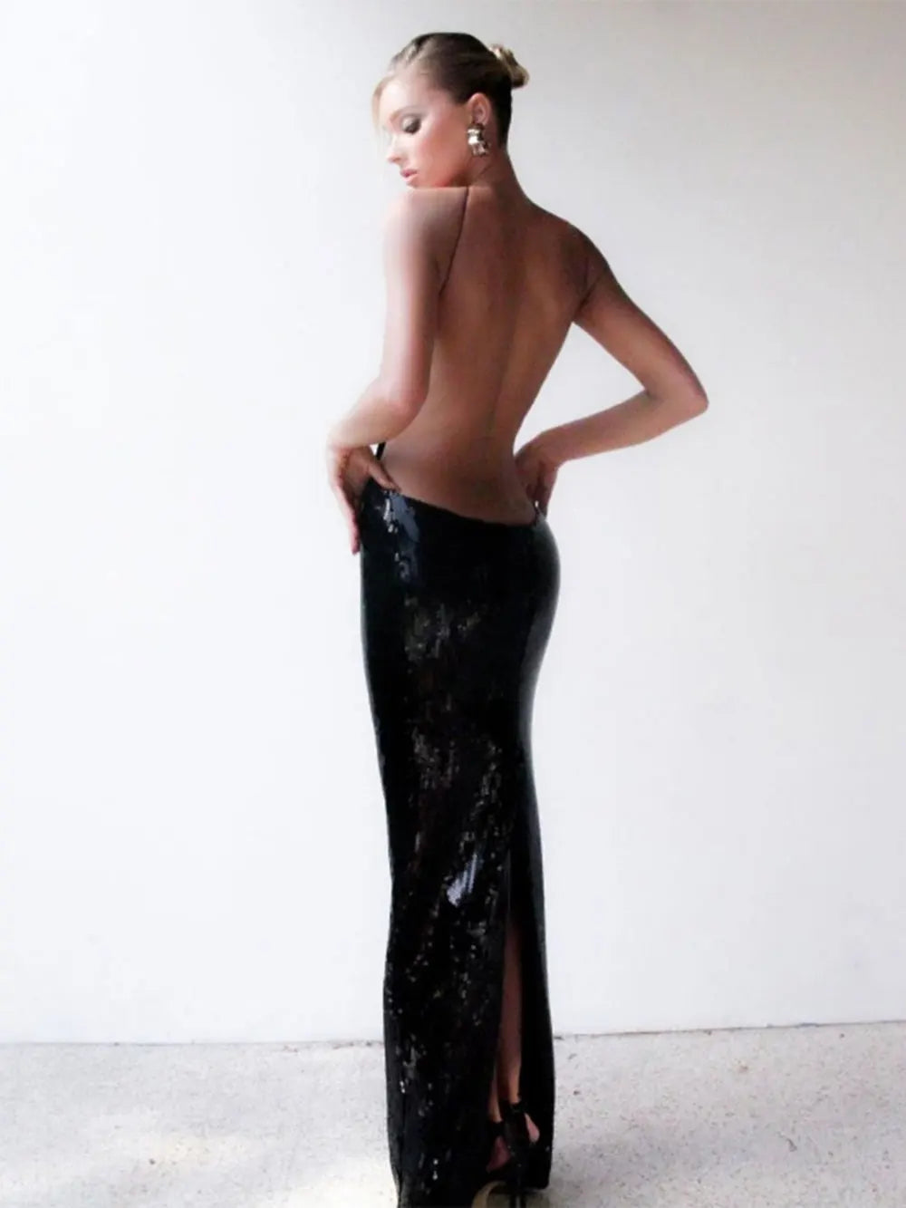 Gold Sequin Spaghetti Strap Hollow Long Dress