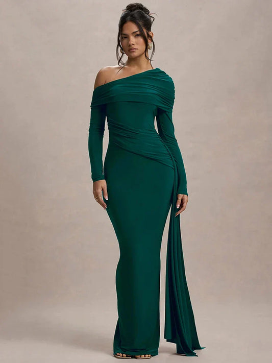 Skew Collar Long Sleeve Maxi Dress