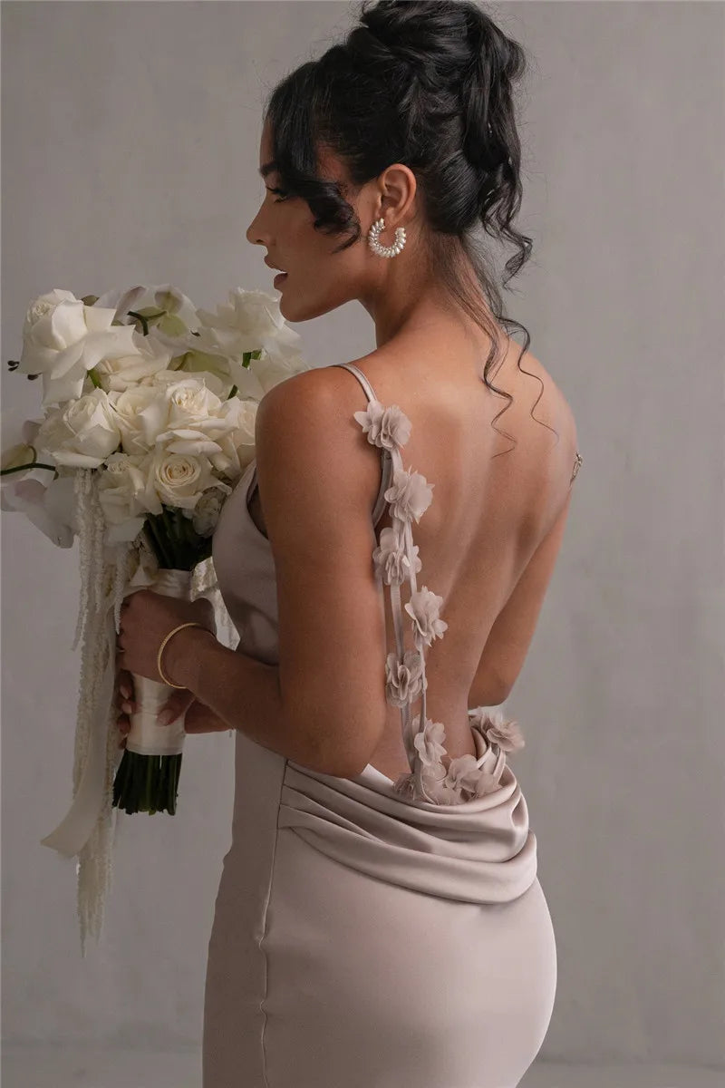 3D Flower Draped Open Back Maxi Dress