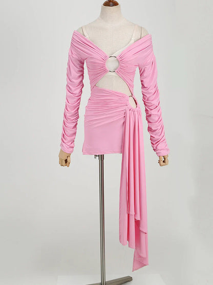 Pink Hollow Out Long Sleeved V-Neck Mini Dress
