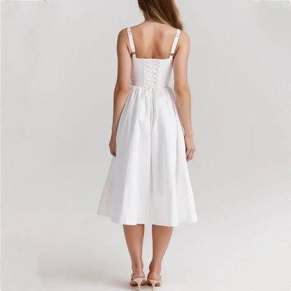 Wire Corset Style Low Waist White Midi Dress