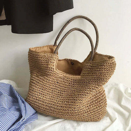 Beach Vintage Handmade Woven Shoulder Bag Raffia Rattan Shopping Bags Bohemian Ladies Summer Travel Vacation Casual Totes
