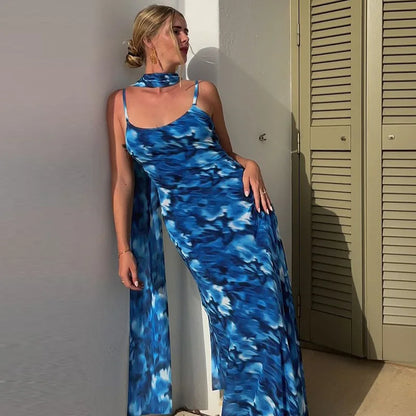 Halter Backless Blue Printed Lace-up Long Dress