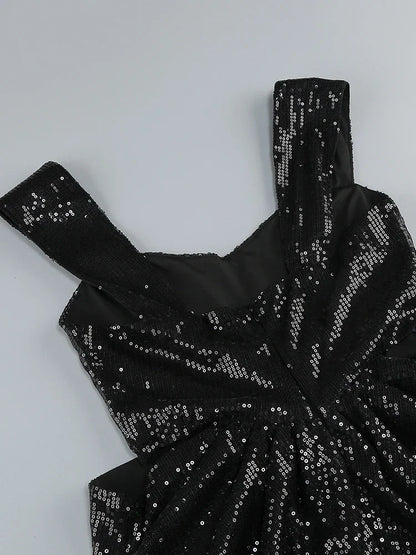 3D Flower Shiny Sequins Folds Long Dress