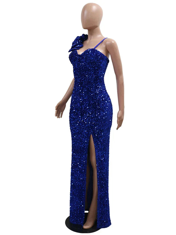 Slit Padded Sequin Strap Long Dress