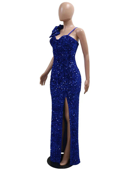 Slit Padded Sequin Strap Long Dress