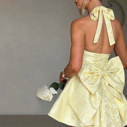 Women's Bow Deep V Halter Backless A-line Dress