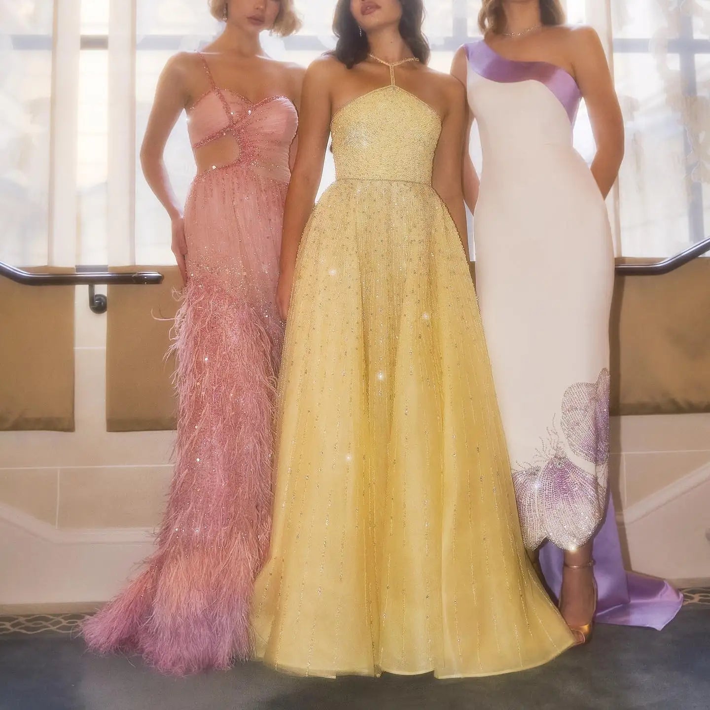 Beaded Yellow Halter Evening Dress with Gloves