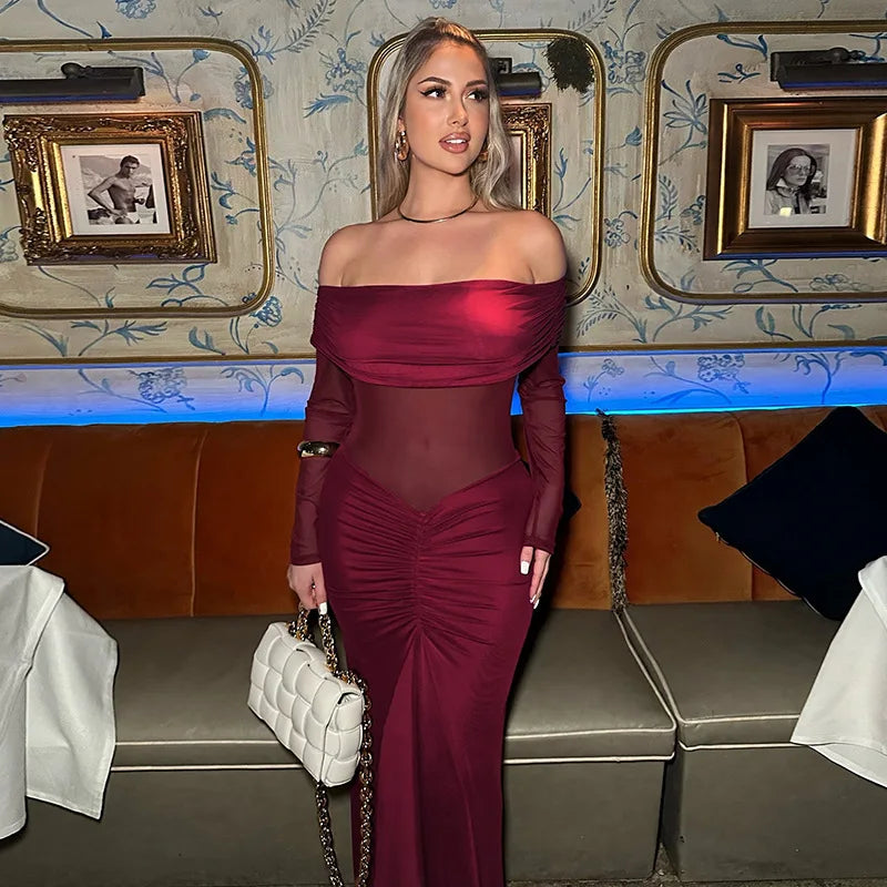 Elegant Backless High Waist  Mesh Patchwork Maxi Dress