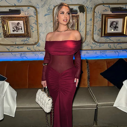 Elegant Backless High Waist  Mesh Patchwork Maxi Dress