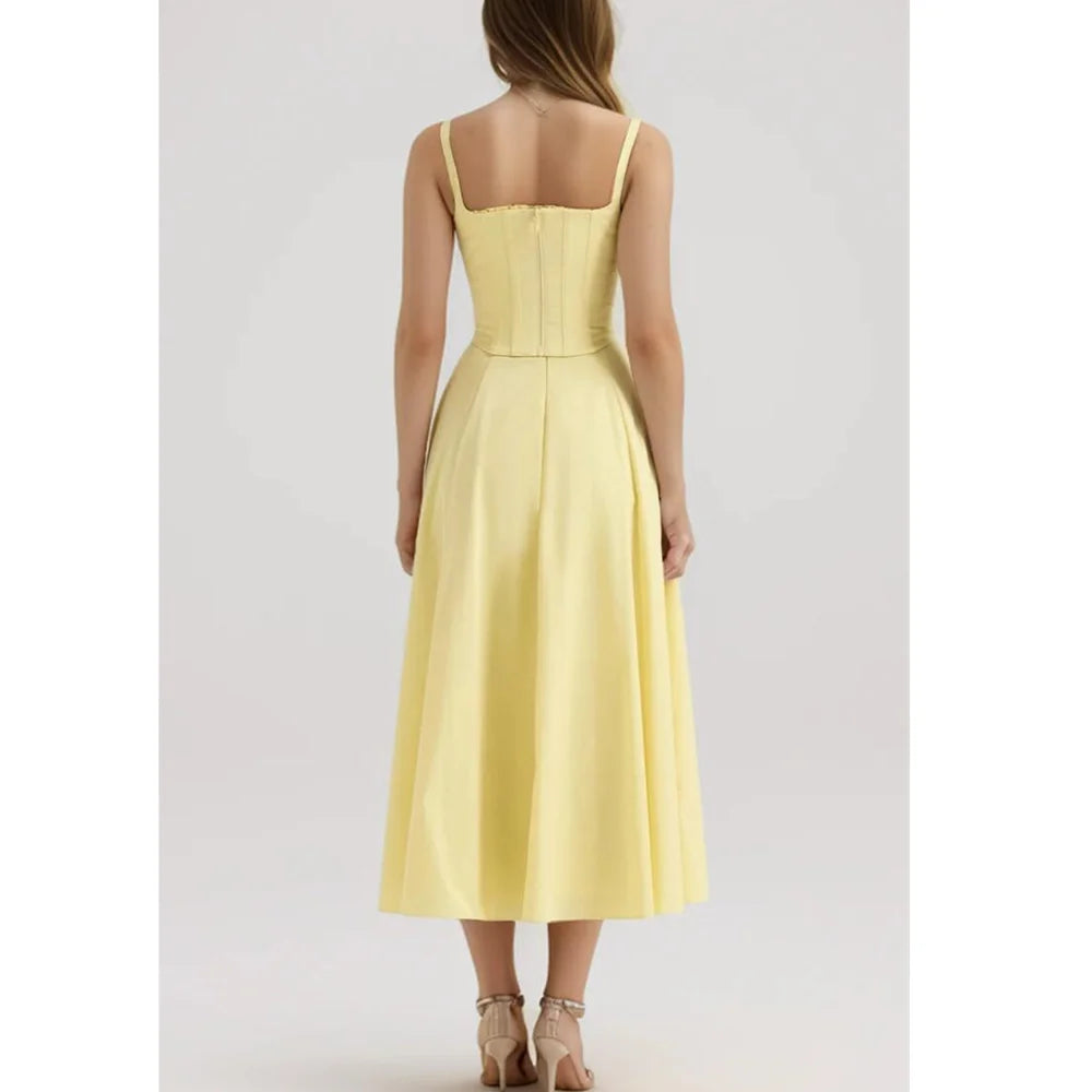 Yellow Slit Midi Dress and Cross Lacing up Top Set