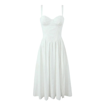 Wire Corset Style Low Waist White Midi Dress