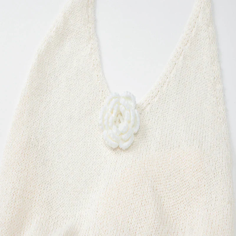 White Knit 3D Flower High Slit Midi Dress