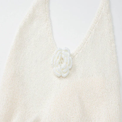 White Knit 3D Flower High Slit Midi Dress