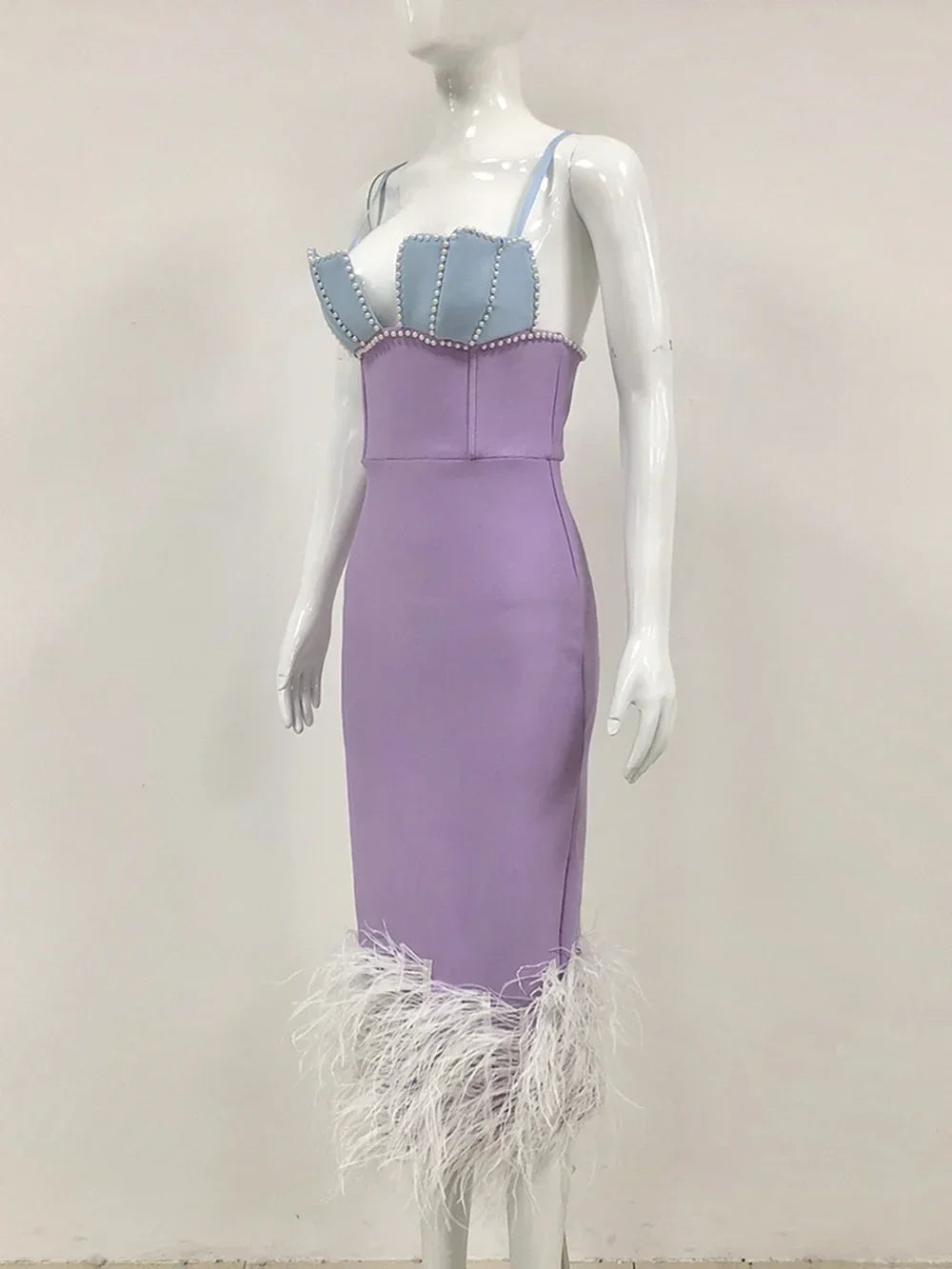 Feather & Bead Cocktail  Spaghetti Strap Party Dress