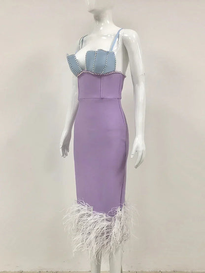 Feather & Bead Cocktail  Spaghetti Strap Party Dress