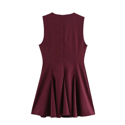 Hollow Out Bow Solid Sleeveless Pleated Dress