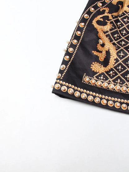 Printed Diagonal Neck Off One-Shoulder Patchwork Bead Dress