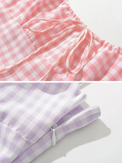 Spaghetti Strap Tie Up Plaid Pink Midi Dress