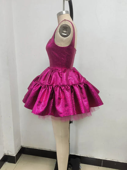 Sling Square Neck Ball Gown Fuchsia Mini Dress