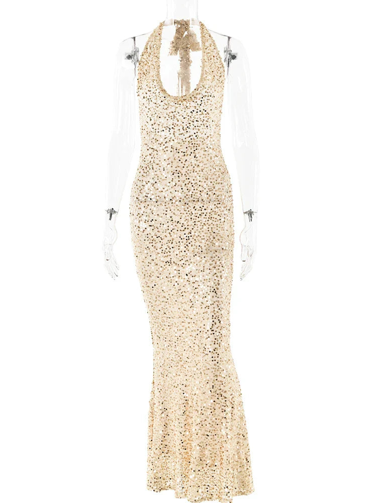 Open Back Sequins Sparkling Halter Maxi Dress