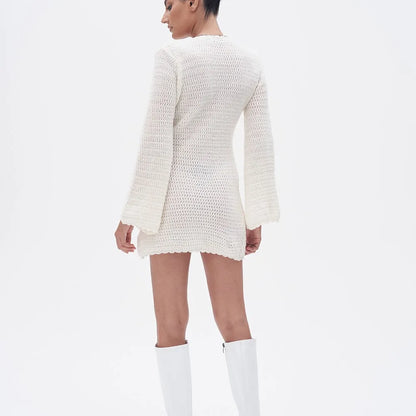 3D Flower Hand Crotch Full Flare Sleeve Sweater Dress